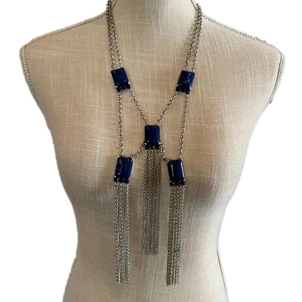Chico's Silver Tone and Blue Agate and Crystal Statement Necklace